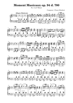Moments Musicaux, Opus 94 No. 3 in F minor – Franz Schubert 楽譜