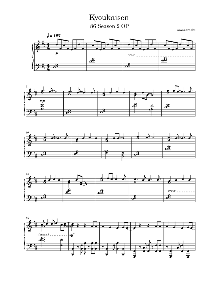 86 エイティシックス OP 2 楽譜 ピアノ (ソロ) | MuseScore.com