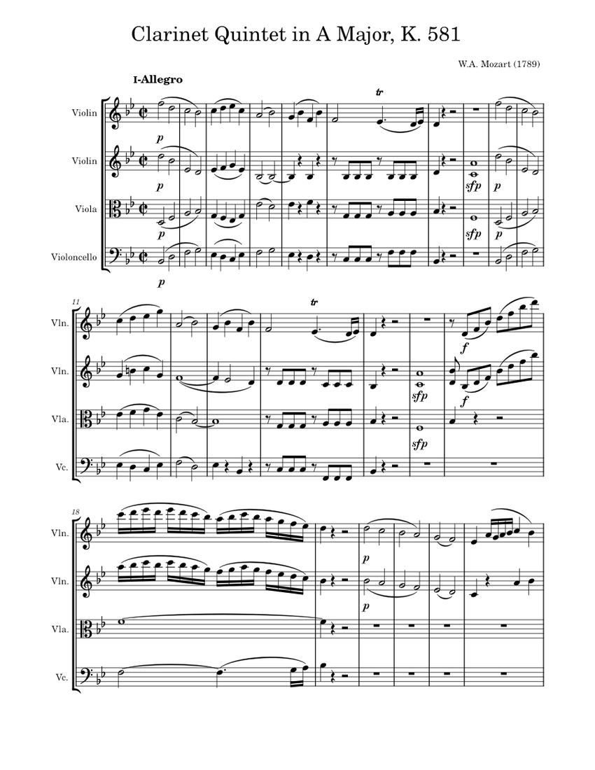 モーツァルト：クラリネット五重奏曲 変ロ長調 K.581 楽譜 バイオリン