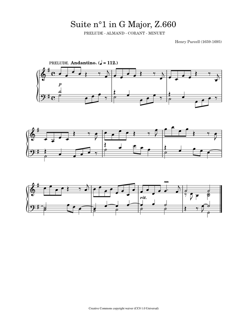 パーセル、ヘンリー - 組曲第1番 ト長調 Z-660 楽譜 ピアノ (ソロ