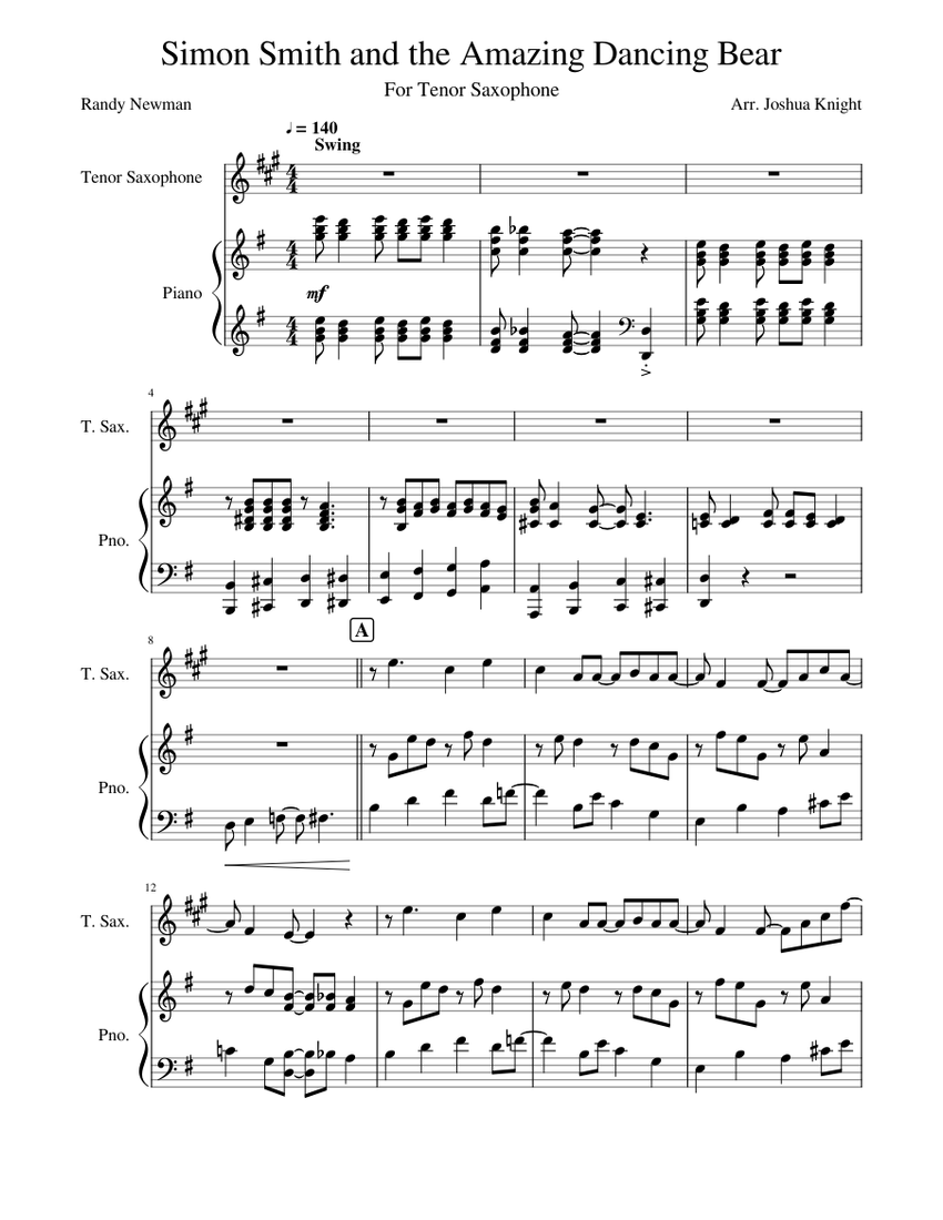 ランディ・ニューマン - サイモン・スミスと驚くべき踊るクマ 楽譜 ピアノ, テナーサックス (ソロ) | MuseScore.com