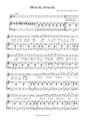オブ・ラ・ディ、オブ・ラ・ダ 楽譜 コード付き ピアノ (ソロ) easy