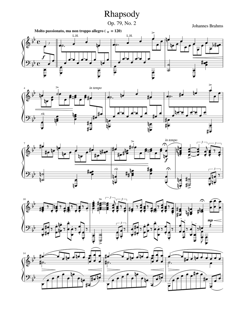 ブラームス - ラプソディ Op. 79 No. 2 楽譜 ピアノ (ソロ