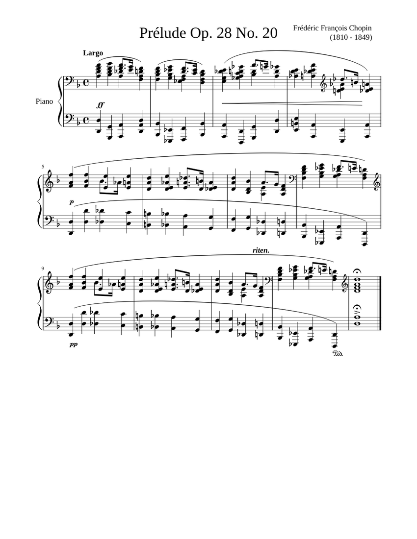 Chopin - Prelude Op. 28 No. 20 - Transcribed to D Minor 楽譜