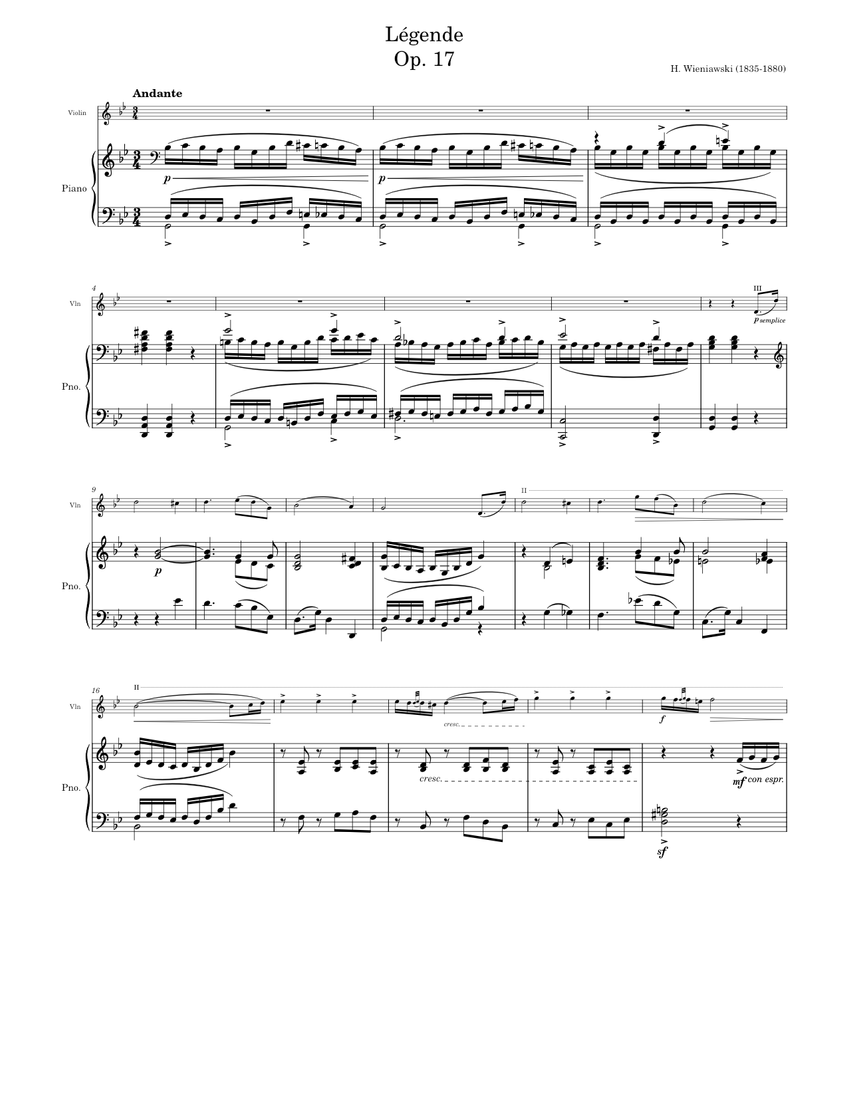 Légende, Op.17 – Henri Wieniawski 楽譜 ピアノ, バイオリン (混合