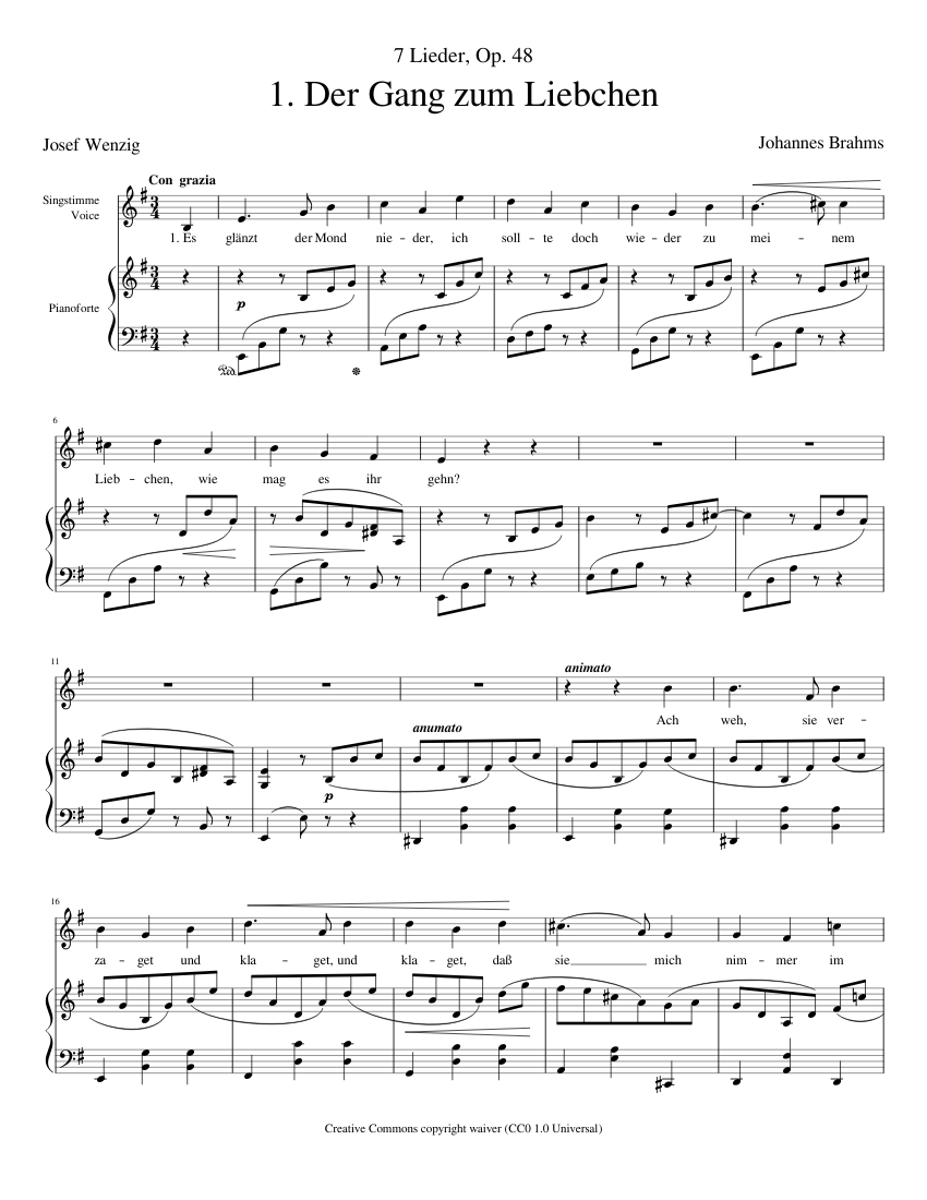 ヨハネス・ブラームス：7つのリート 作品48-1 - 恋人のもとへ 楽譜