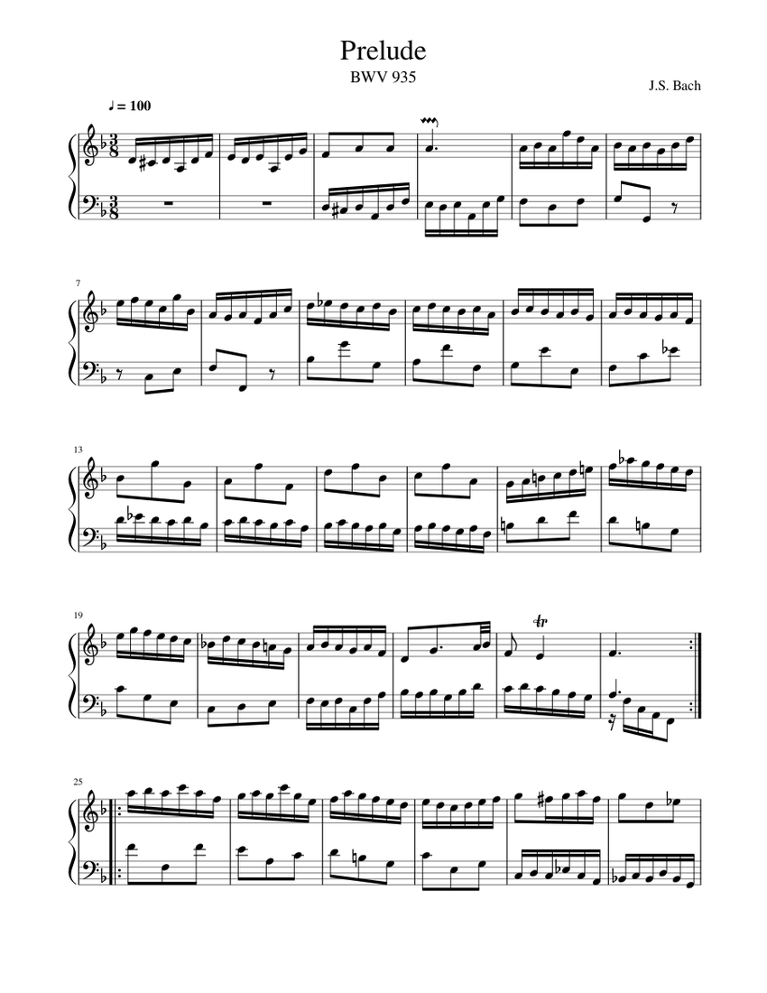 バッハ、プレリュード BWV 935 楽譜 ピアノ (ソロ) easy | MuseScore.com