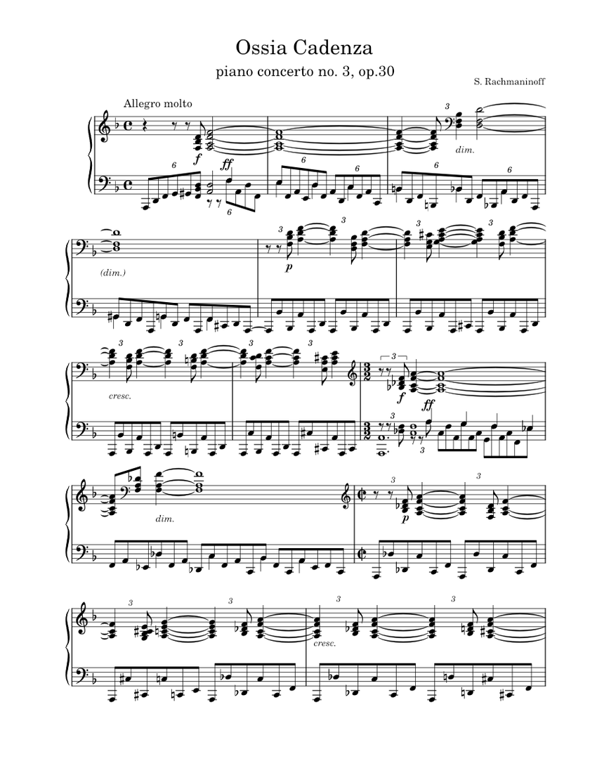 ラフマニノフの協奏曲第3番ニ短調、作品30のオッシアカデンツァ 楽譜