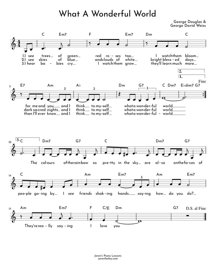 素晴らしき世界 (C) 楽譜 コード付き ピアノ (ソロ) easy | MuseScore.com