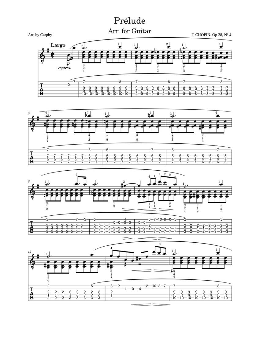 プレリュード ホ短調 Op. 28 No. 4 ギター編曲 - ショパン 楽譜 タブ譜
