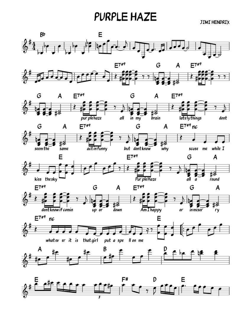 パープル・ヘイズ 楽譜 コード付き ピアノ (ソロ) easy | MuseScore.com