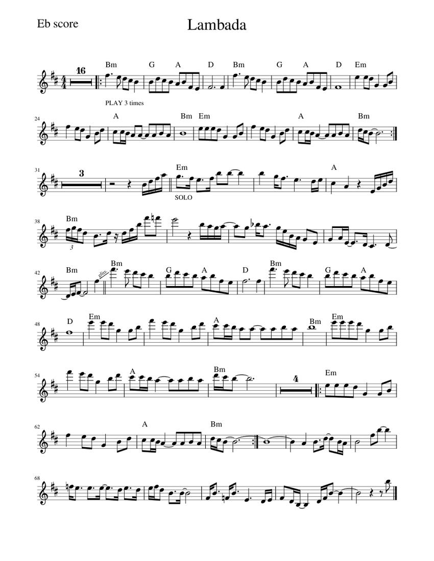 Lambada (with solo) - Eb score 楽譜 コード付き アルトサックス