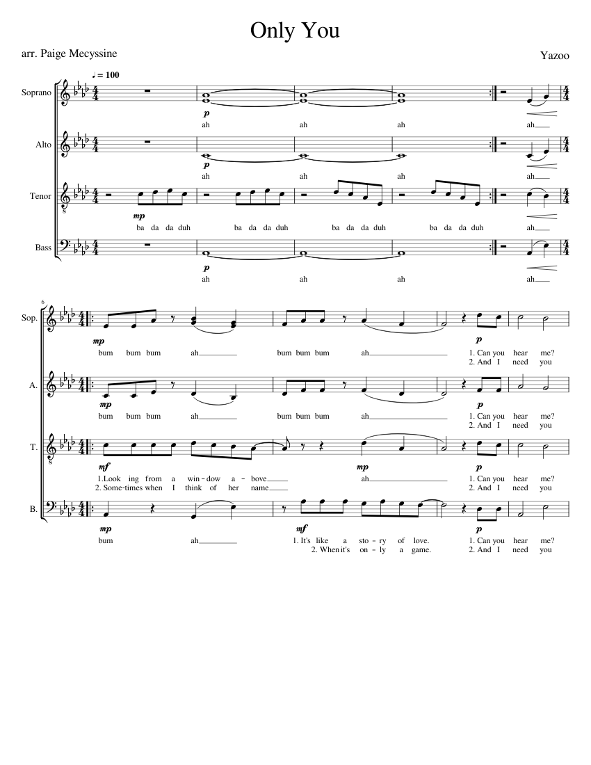 オンリー・ユー - ヤズー SATB アカペラ 楽譜 ピアノ (混合カルテット