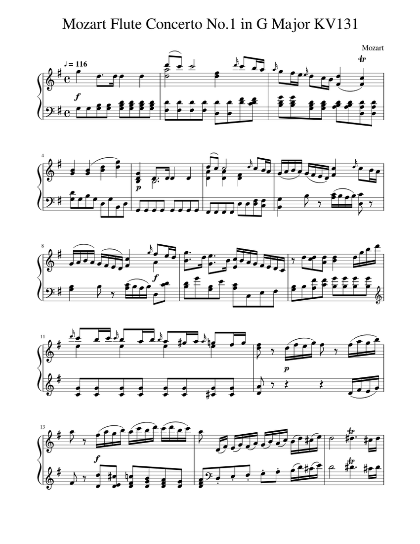モーツァルト フルート協奏曲第1番 ト長調 KV131 楽譜 ピアノ (ソロ