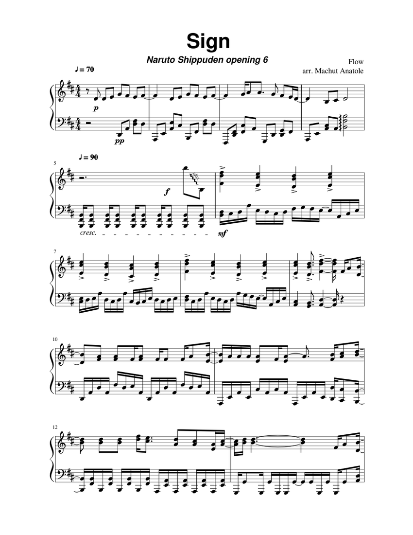 サイン - ナルト疾風伝 op6 楽譜 ピアノ (ソロ) | MuseScore.com