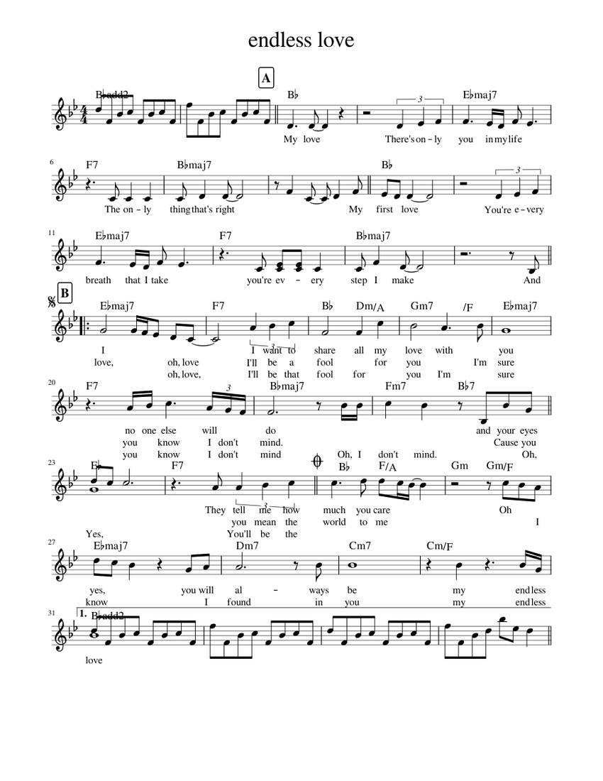 エンドレス・ラブ 楽譜 コード付き ピアノ (ソロ) easy | MuseScore.com