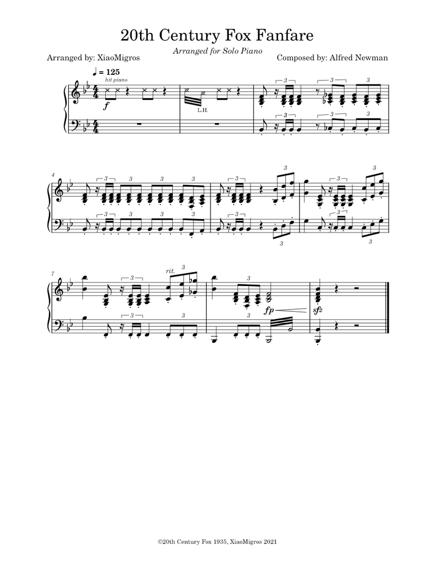 20世紀フォックスファンファーレ 楽譜 ピアノ (ソロ) | MuseScore.com