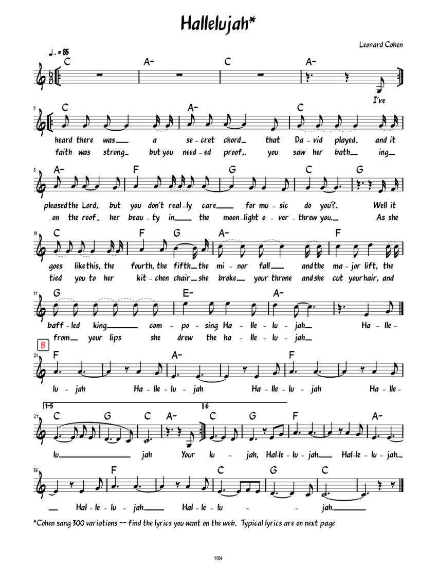 ハレルヤ – レナード・コーエン（歌詞付きリードシート） 楽譜 コード