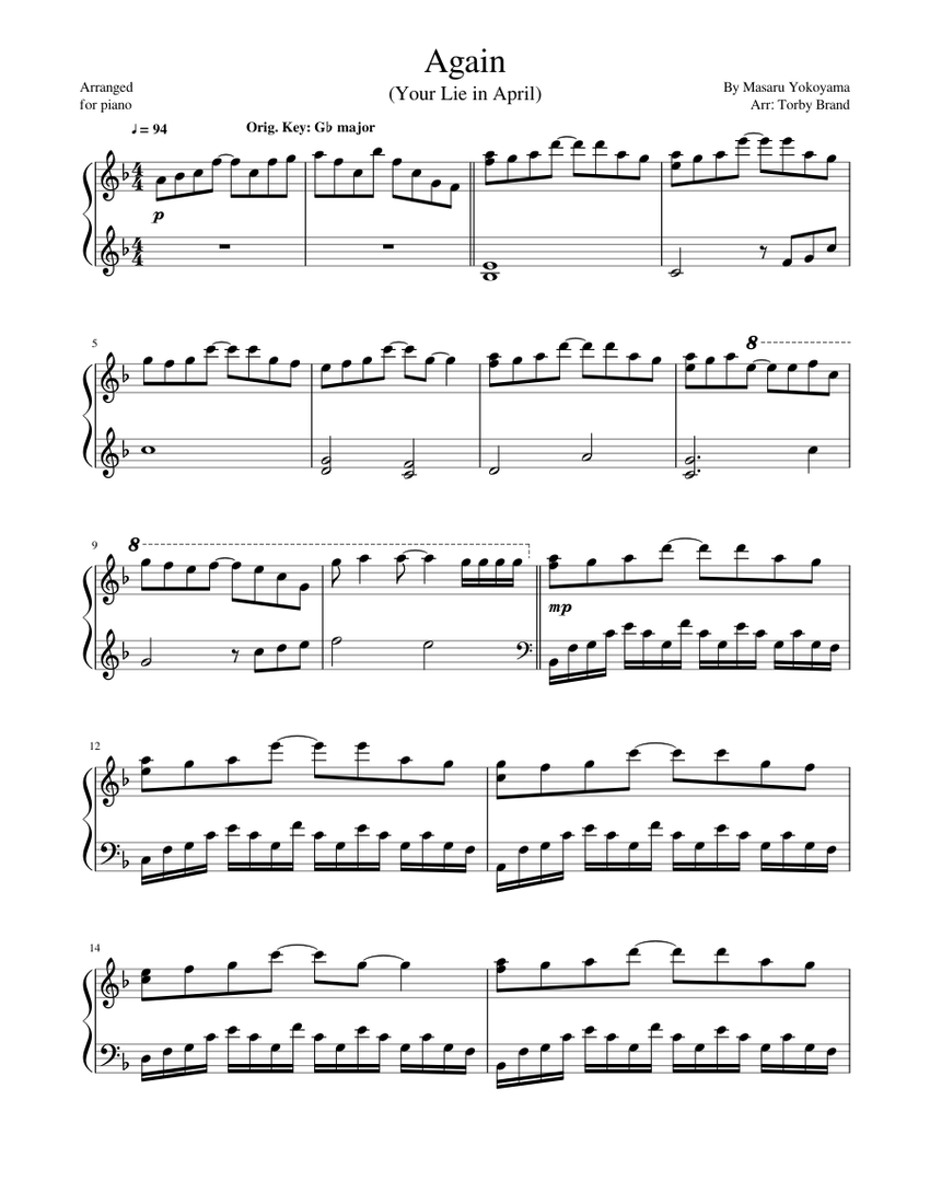 再び（四月は君の嘘） 楽譜 ピアノ (ソロ) | MuseScore.com