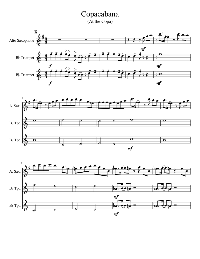 コパカバーナ 楽譜 ピアノ, アルトサックス, トランペット（B♭調