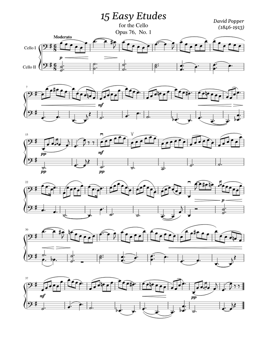 デイヴィッド・ポッパー、チェロのための15の練習曲、Op.76 #1 楽譜