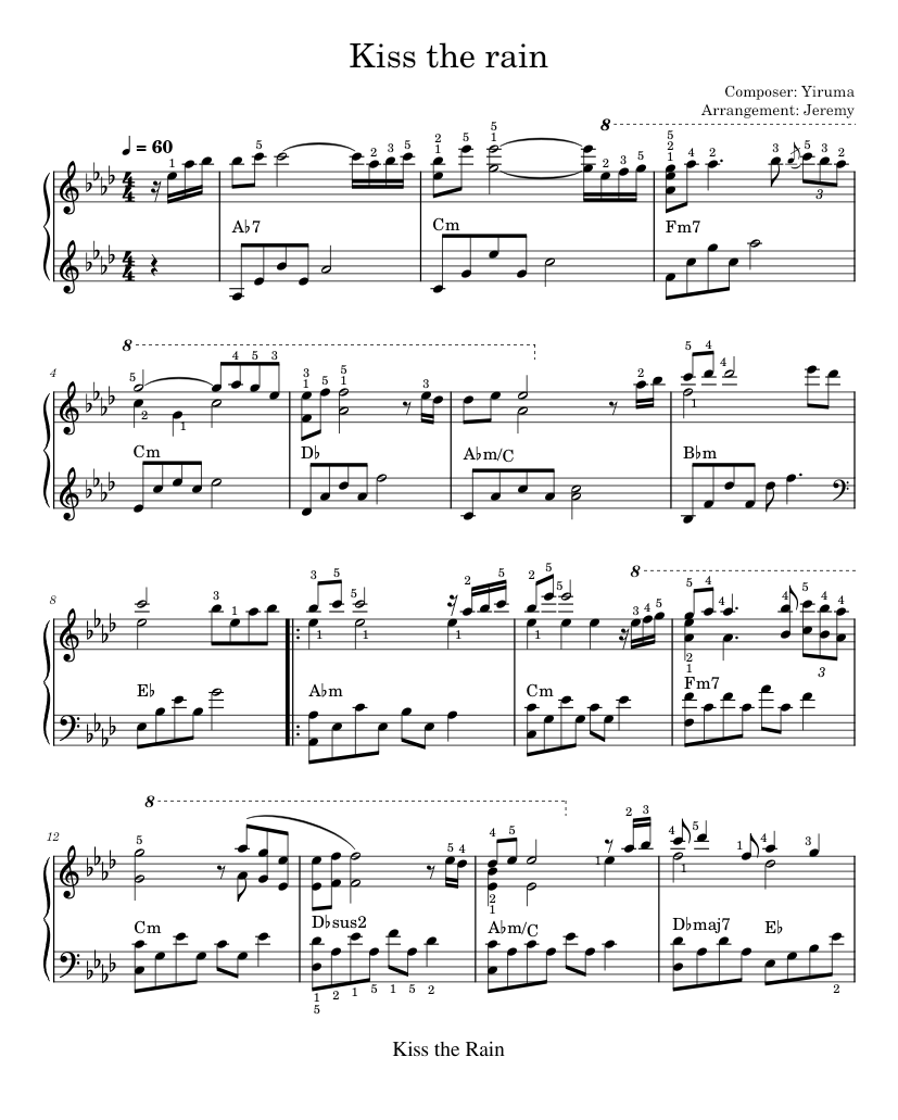 Kiss The Rain - Yiruma (JC Final) 楽譜 コード付き ピアノ (ソロ