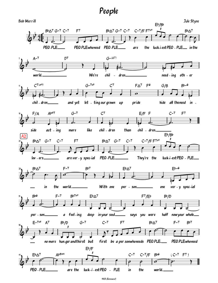 ピープル（歌詞付きリードシート） 楽譜 コード付き ピアノ (ソロ