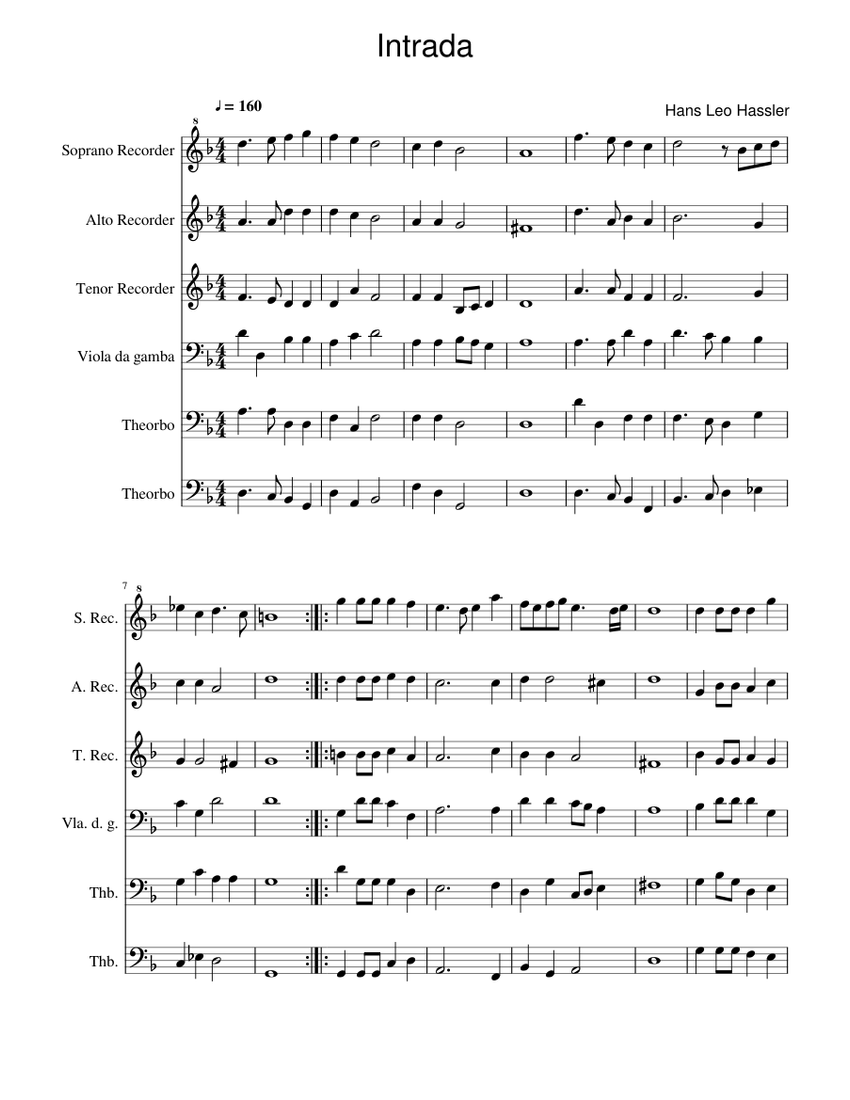 Hans Leo Hassler - Intrada 楽譜 リコーダー, テオルボ (木管五重奏