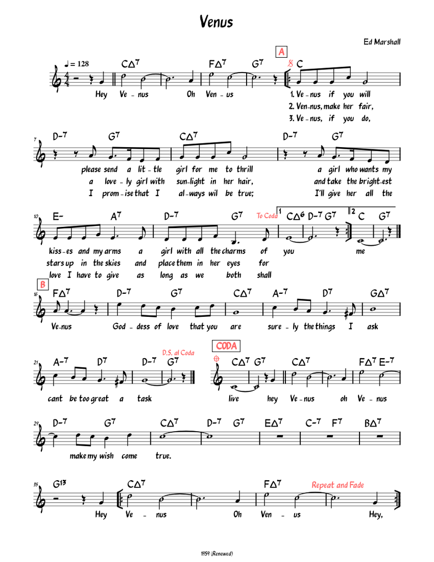 e Lloyd The Vigil of Venus 楽譜 ヴィーナス（歌詞付きリードシート） 楽譜 コード付き ピアノ (ソロ