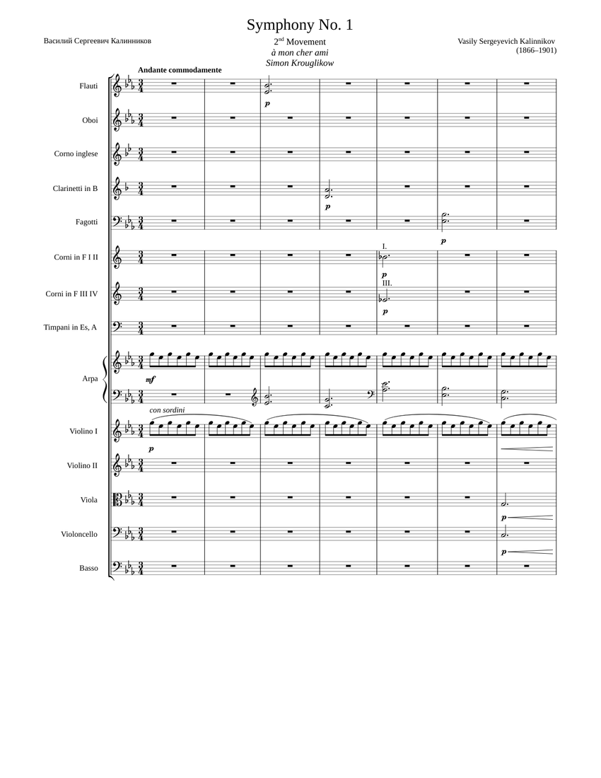 交響曲第1番ト短調、第2楽章 楽譜 フルート, オーボエ, クラリネット