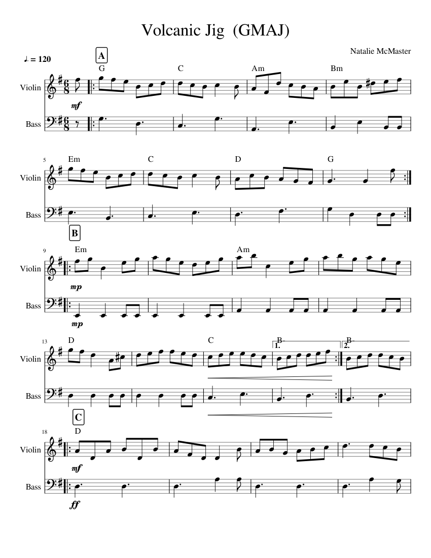 Volcanic Jig 楽譜 コード付き ベースギター, ハーモニカ (混合デュオ