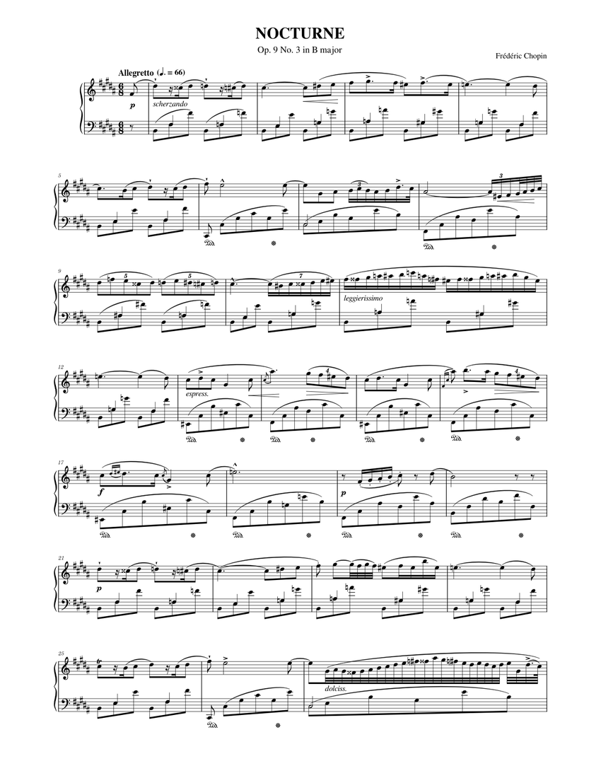 フレデリック・ショパン: 夜想曲 変ロ長調, 作品9 第3番 楽譜 ピアノ