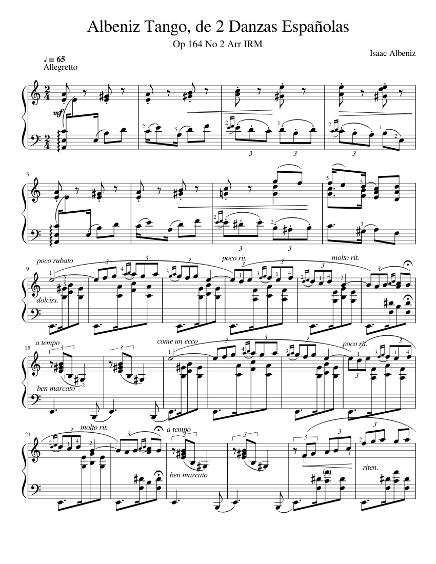 アルベニス タンゴ、二つのスペイン舞曲より 楽譜 ピアノ (ソロ