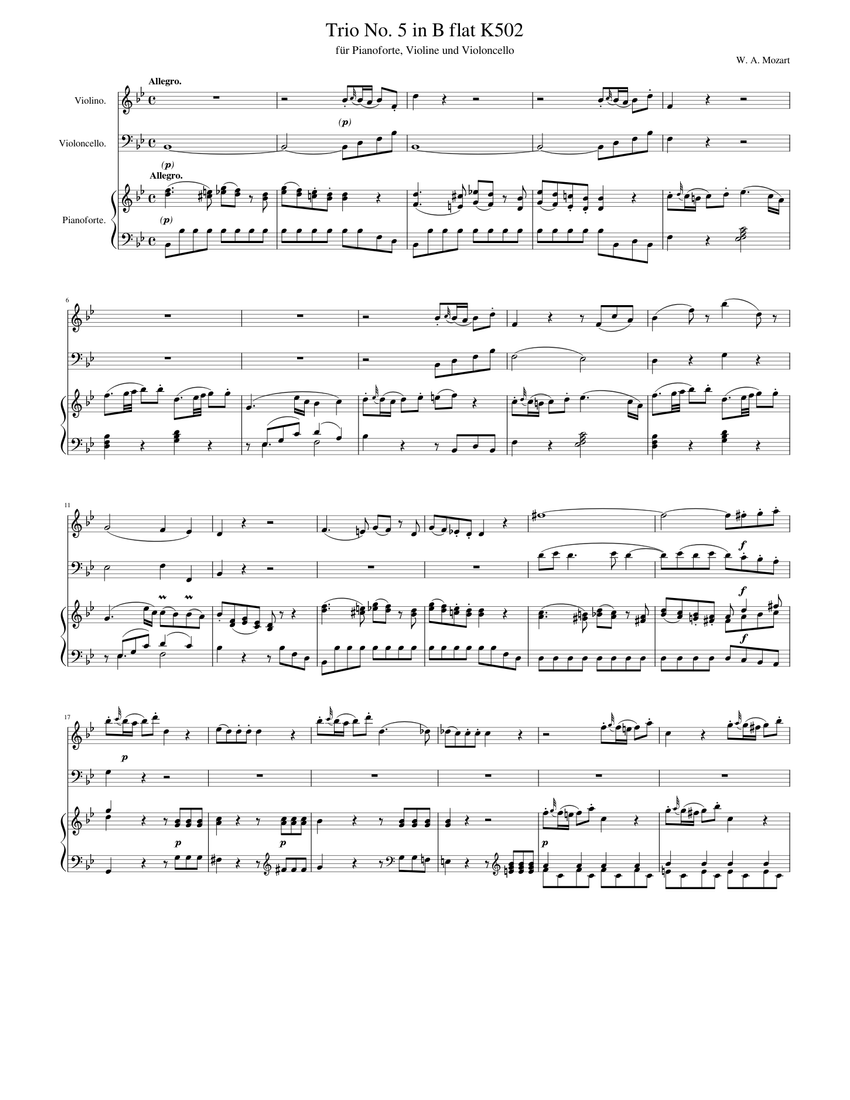 モーツァルト ピアノ三重奏曲第5番 変ロ長調 K502 楽譜 ピアノ