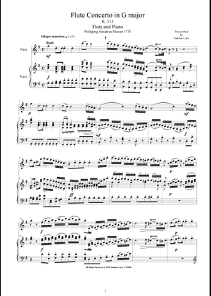 モーツァルト フルート協奏曲第1番 ト長調 KV131 楽譜 ピアノ (ソロ