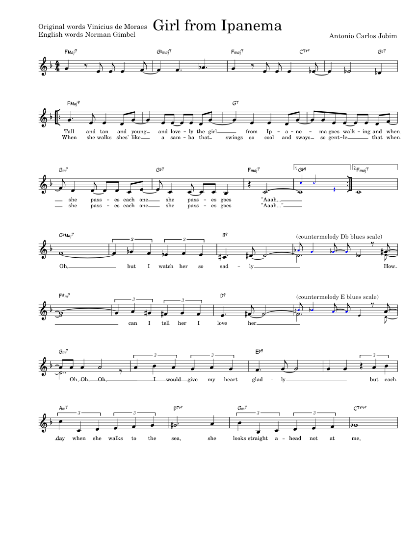 ipanema　楽譜作成 MIDI オーダー楽譜 耳コピ PDF イパネマの娘（カウンターメロディと英語の歌詞付き）– アントニオ