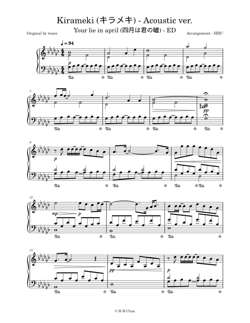 きらめき - ワッチ (四月は君の嘘 ED) 楽譜 ピアノ (ソロ) | MuseScore.com