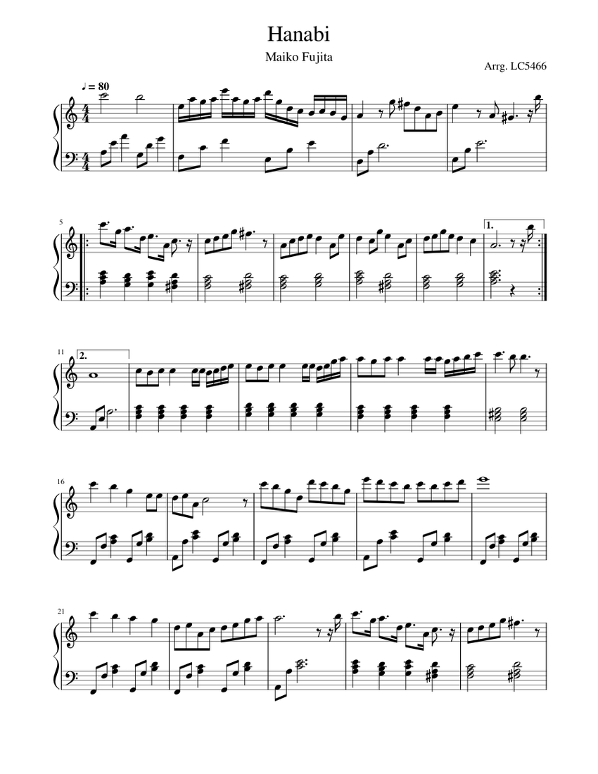 花火 (Fireworks) 楽譜 ピアノ (ソロ) | MuseScore.com