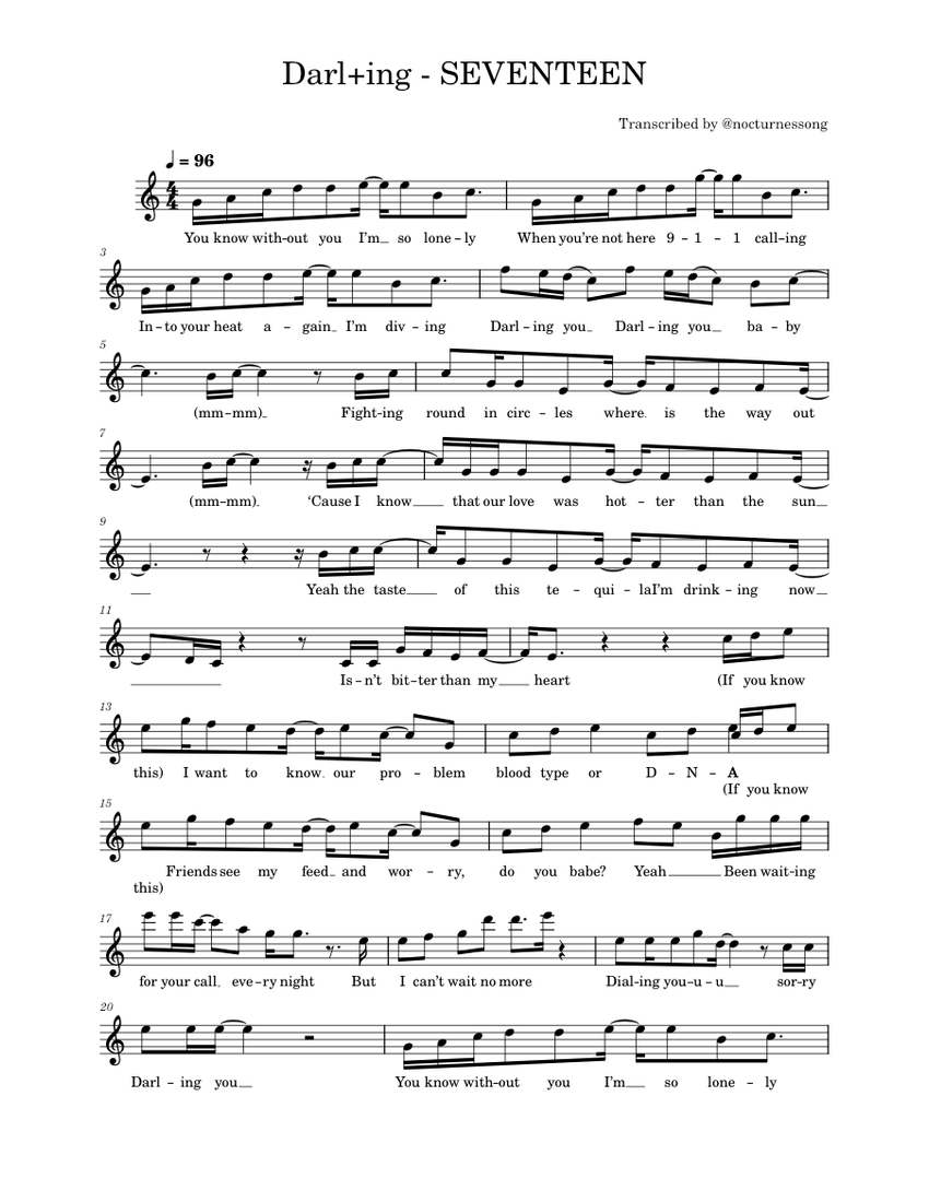 ダーリング - SEVENTEEN 楽譜 ピアノ (ソロ) easy | MuseScore.com