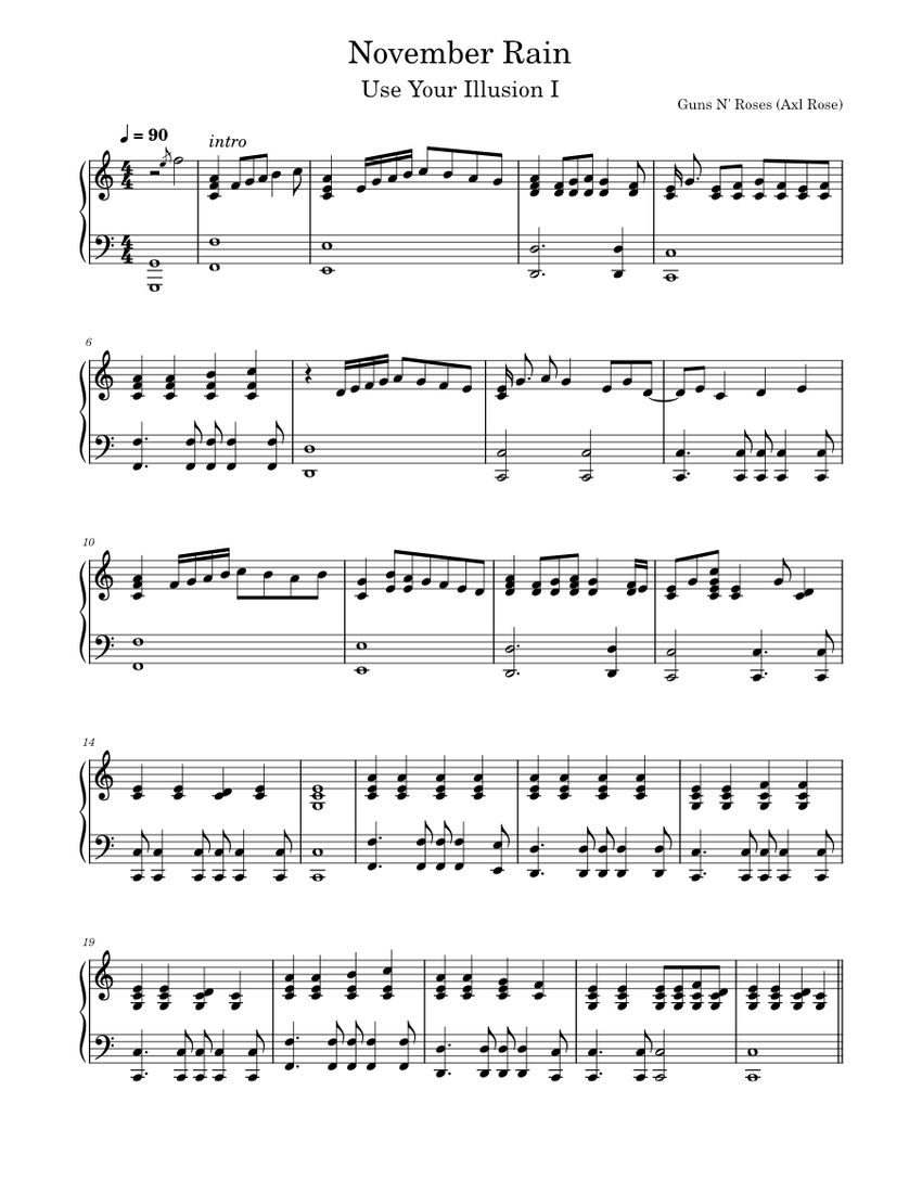 11月の雨 – ガンズ・アンド・ローゼズ 楽譜 ピアノ (ソロ) | MuseScore.com