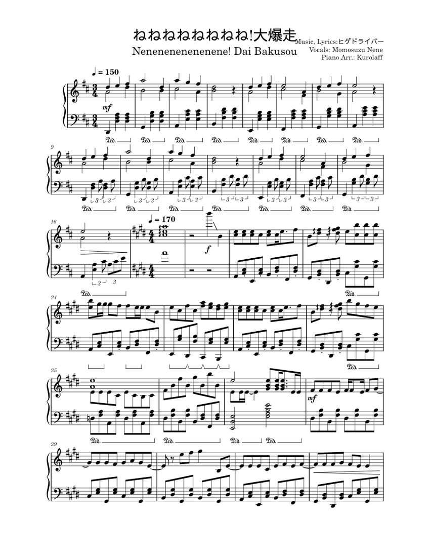 ねねねねねねねね!大爆走 - 桃鈴ねね 楽譜 ピアノ (ソロ) | MuseScore.com