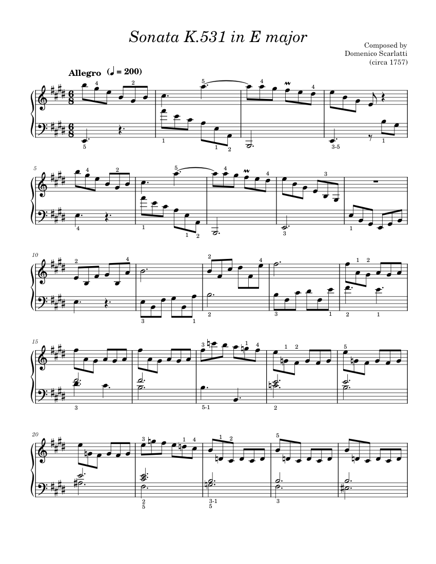 ドメニコ・スカルラッティ：ソナタ ホ長調 K.531 楽譜 ピアノ (ソロ
