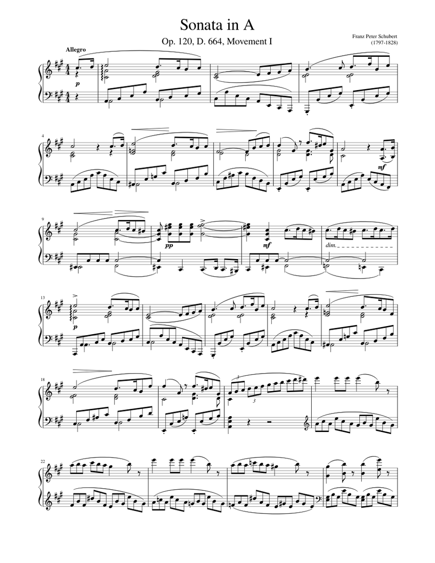 シューベルト - イ長調ソナタ Op.120 D.664 第1楽章 楽譜 ピアノ (ソロ
