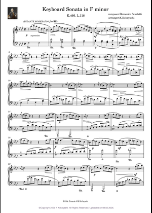 Keyboard Sonata in F minor, K.466 – Domenico Scarlatti 楽譜 ピアノ