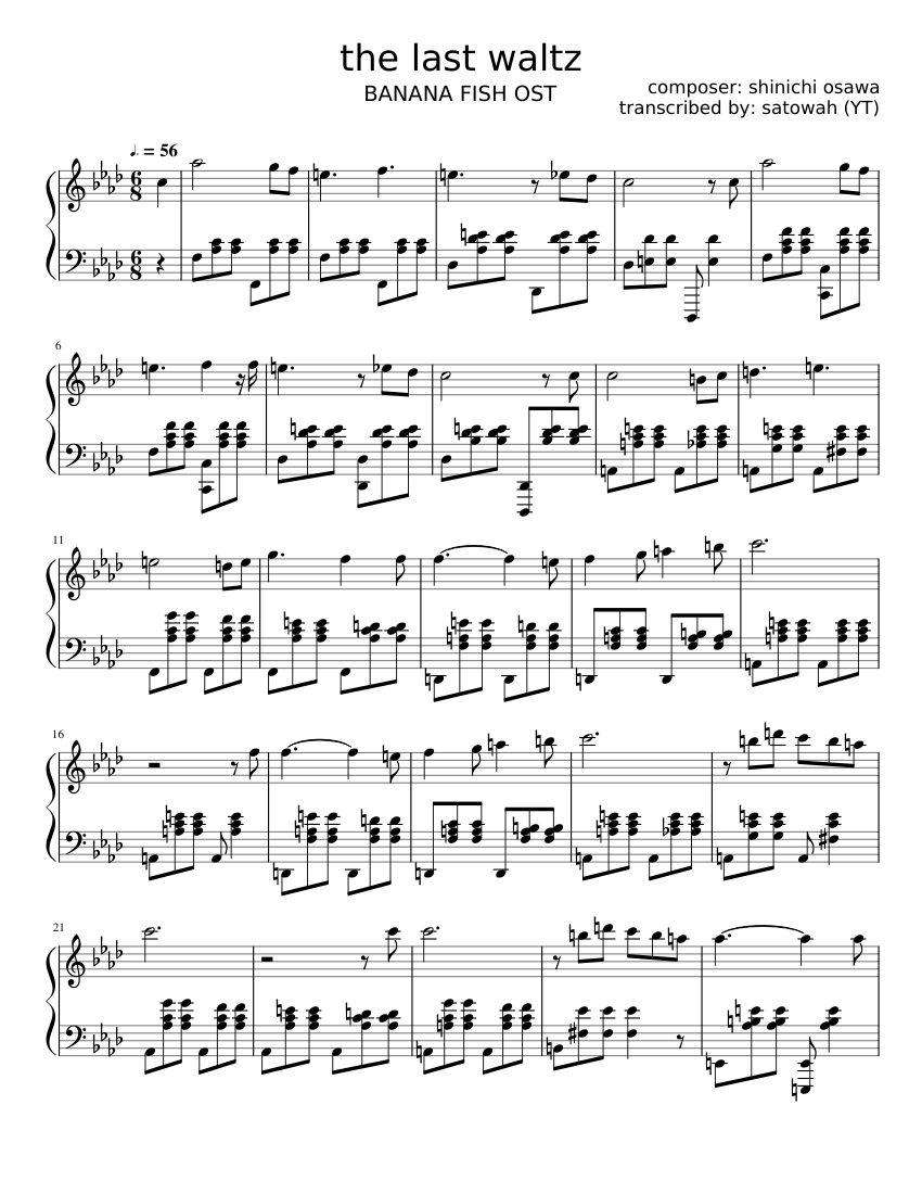 ラストワルツ (バナナフィッシュ OST) 楽譜 ピアノ (ソロ) | MuseScore.com
