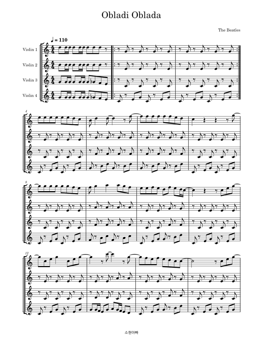 Obladi, Oblada – The Beatles 楽譜 バイオリン (弦楽四重奏