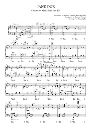 望郷譜/ジェニー・ハーン ジェーン・ドウ – 米津玄師 楽譜 ピアノ, フルート, アルトサックス