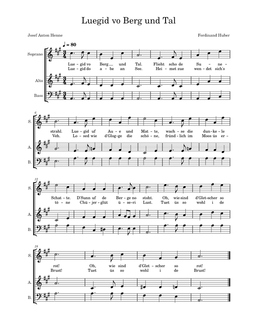 Luaged, vo Bergen u Thal – Ferdinand Huber 楽譜 ソプラノ, アルト, ベースボーカル (合唱 ...