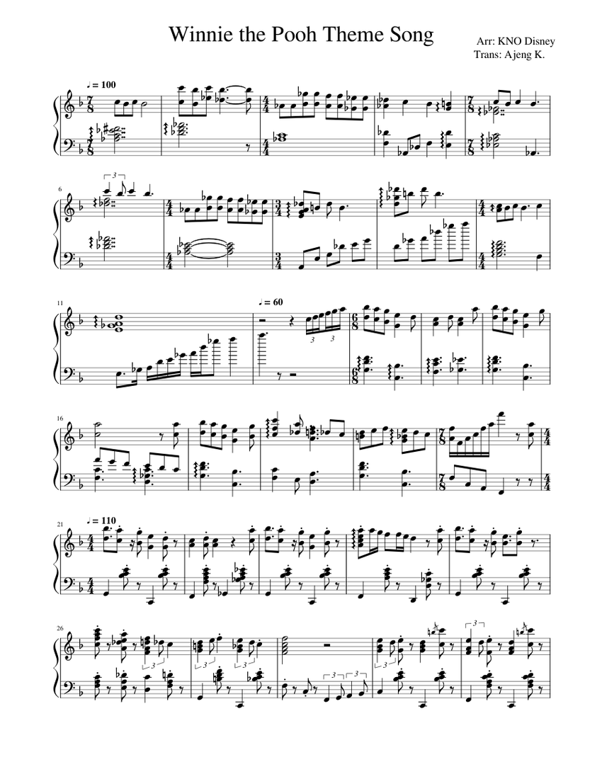 No.422 アンティーク 古書 洋書 音楽 楽譜　テディベア くまのプーさん くまのプーさんのテーマ (ピアノ) - 編曲: KNO ディズニー 楽譜 ピアノ