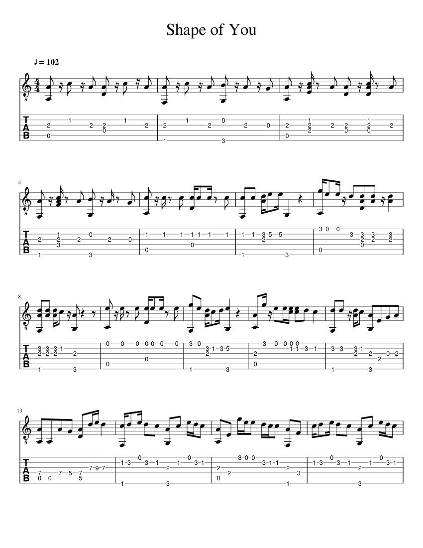 シェイプ・オブ・ユー 楽譜 タブ譜あり ギター (ソロ) | MuseScore.com